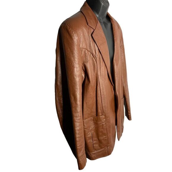 Vintage 70s Leather Western Coat M Brown Buttons One Point Pockets Notch Collar - Picture 5 of 7